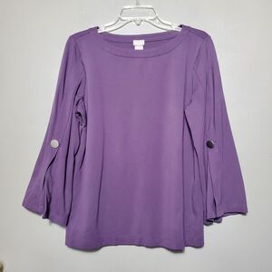 Chico's Purple Top Womens Size 1 Medium Button Bell Sleeves Stretch Office